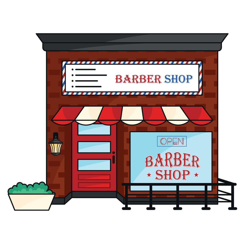 Classic barber shop facade with red awning, vector