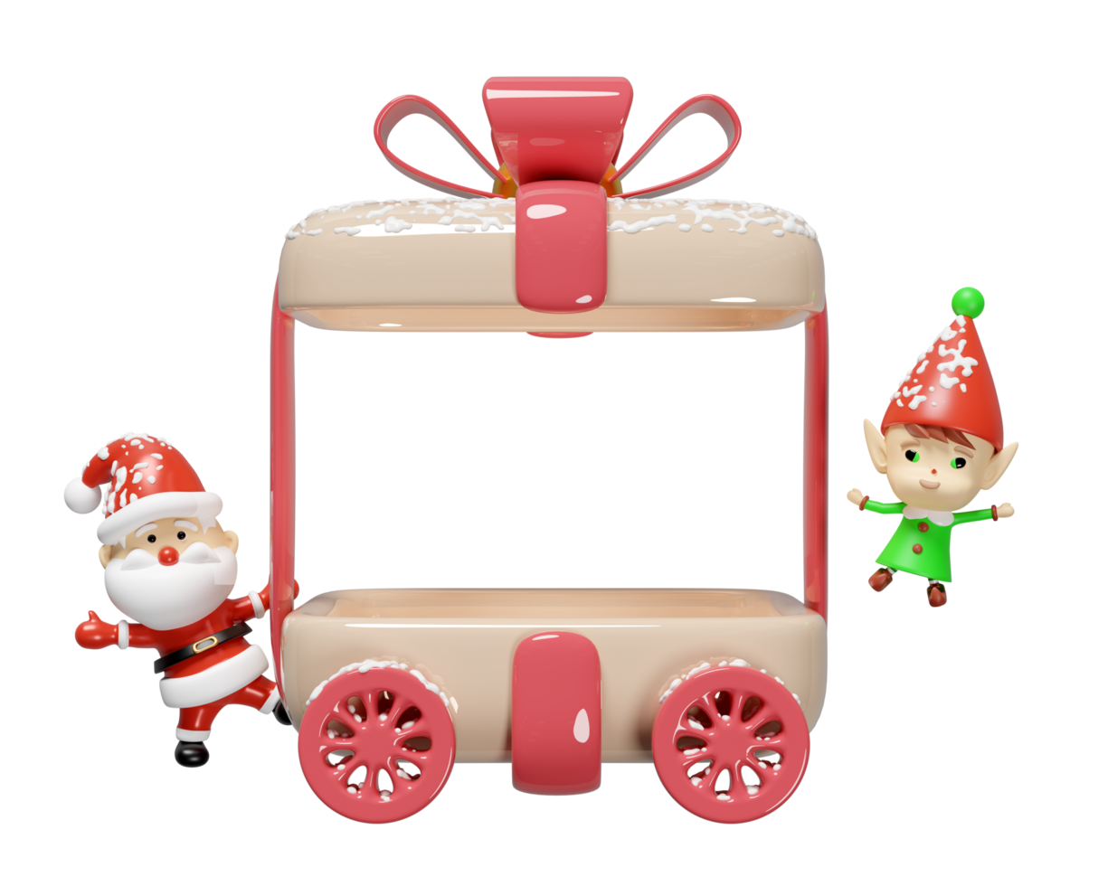 3d open gift box on wheels with little elves, santa claus isolated. merry christmas, festive new year holiday concept, 3d render illustration png