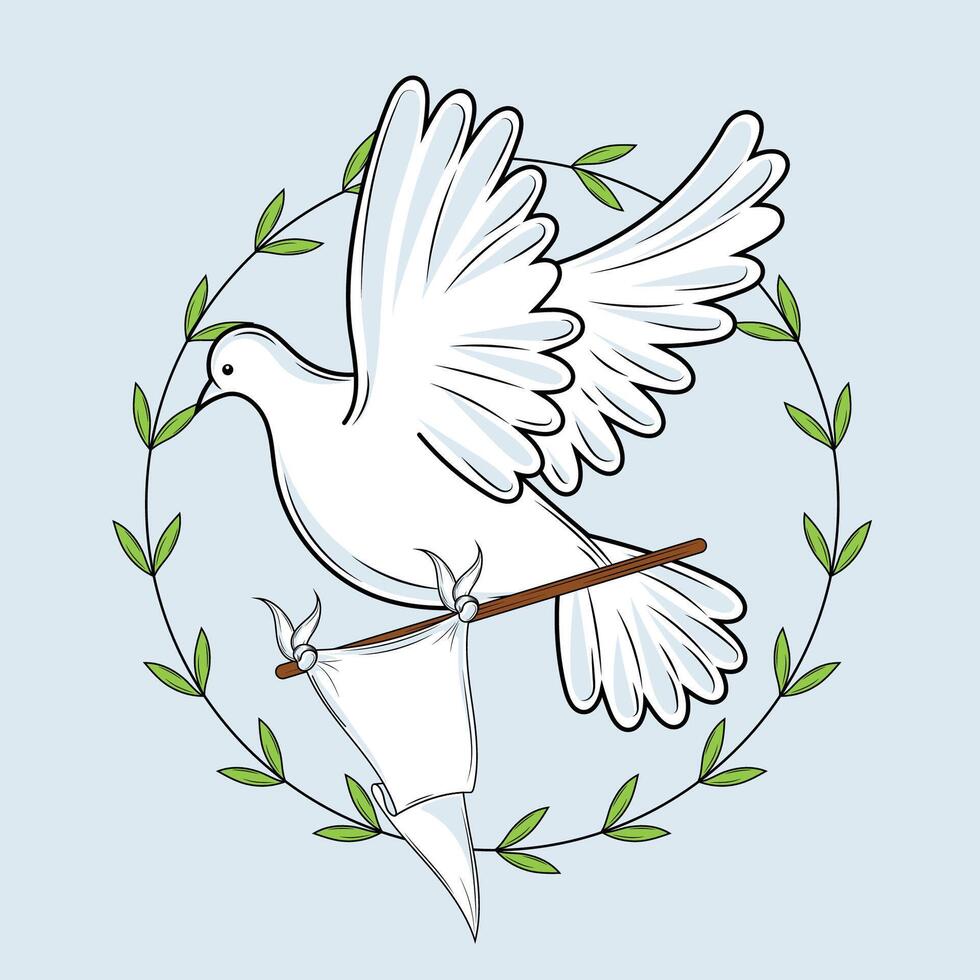 White dove holding flag with olive wreath, vector