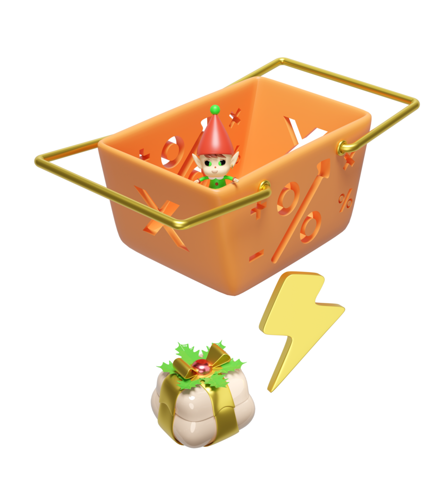 3d little elves in basket with thunderbolt, gift box isolated. flash sale banner, online shopping, merry christmas, festive new year holiday concept, 3d render illustration png
