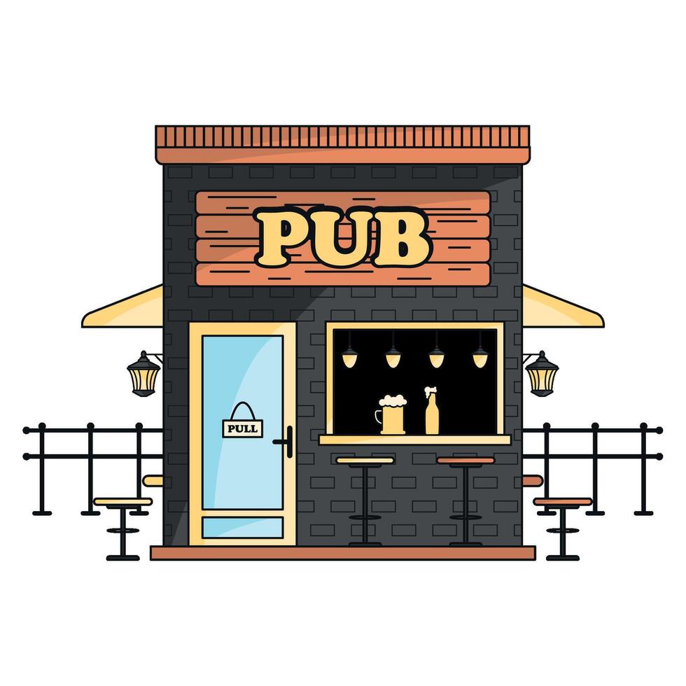Stylish pub facade with outdoor tables, vector