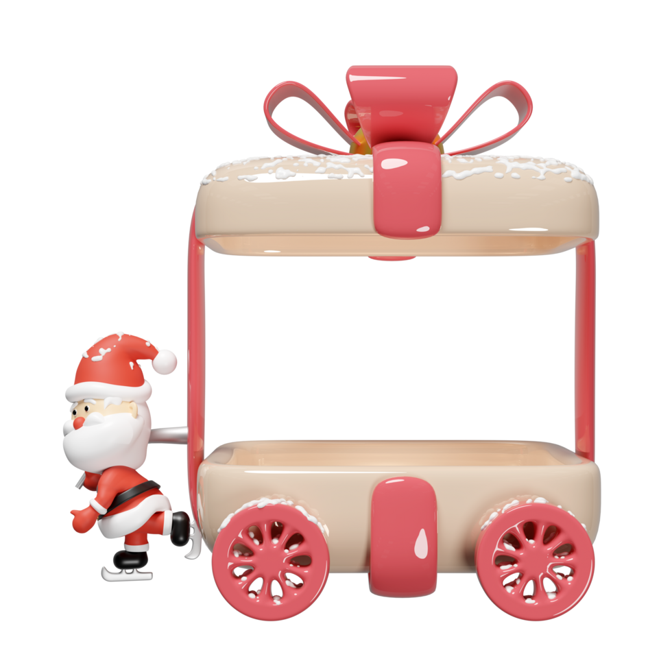 3d Santa Claus playing ice skating dragging open gift box on wheels isolated. merry christmas, festive new year concept, 3d render illustration png