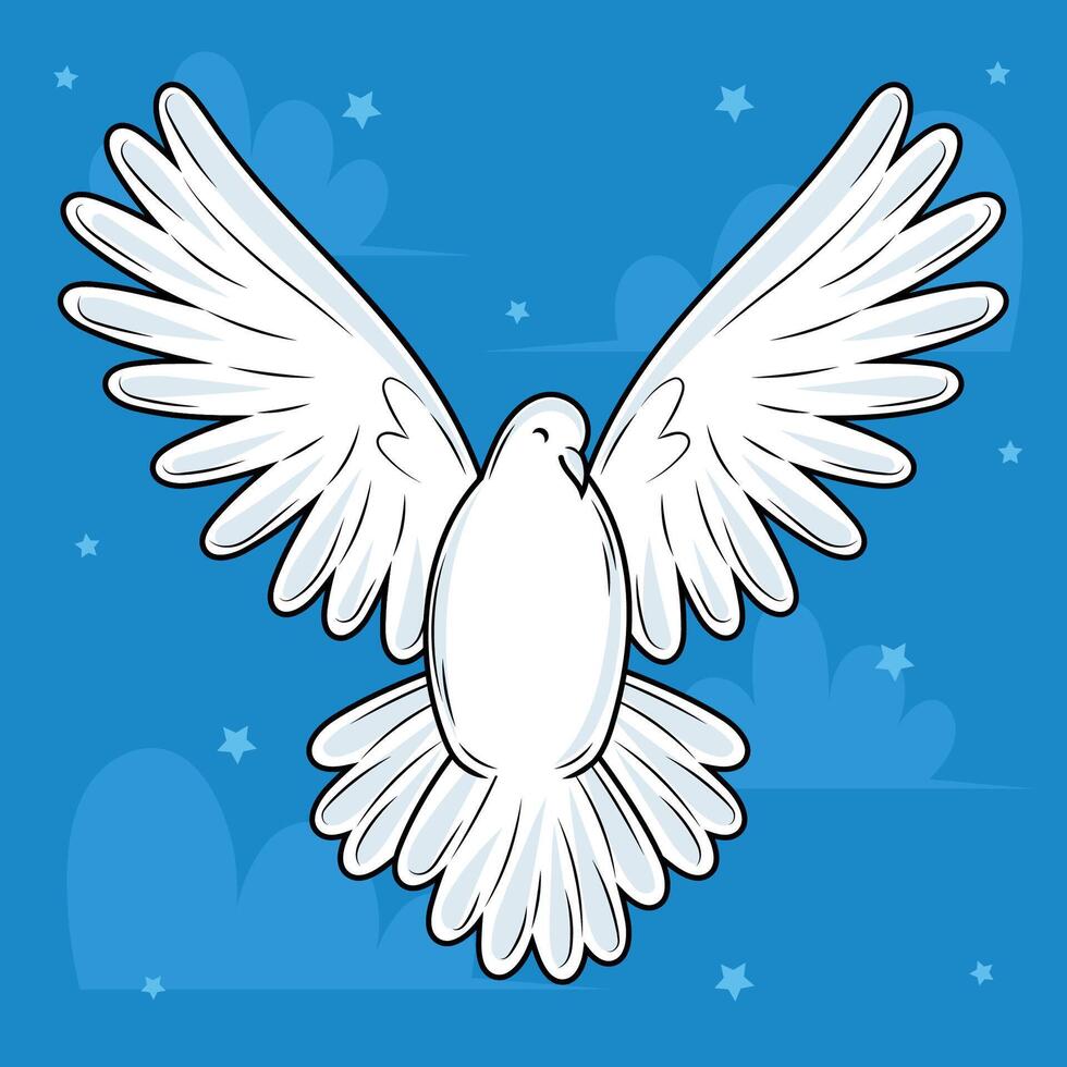 Flying white dove on blue sky background, vector
