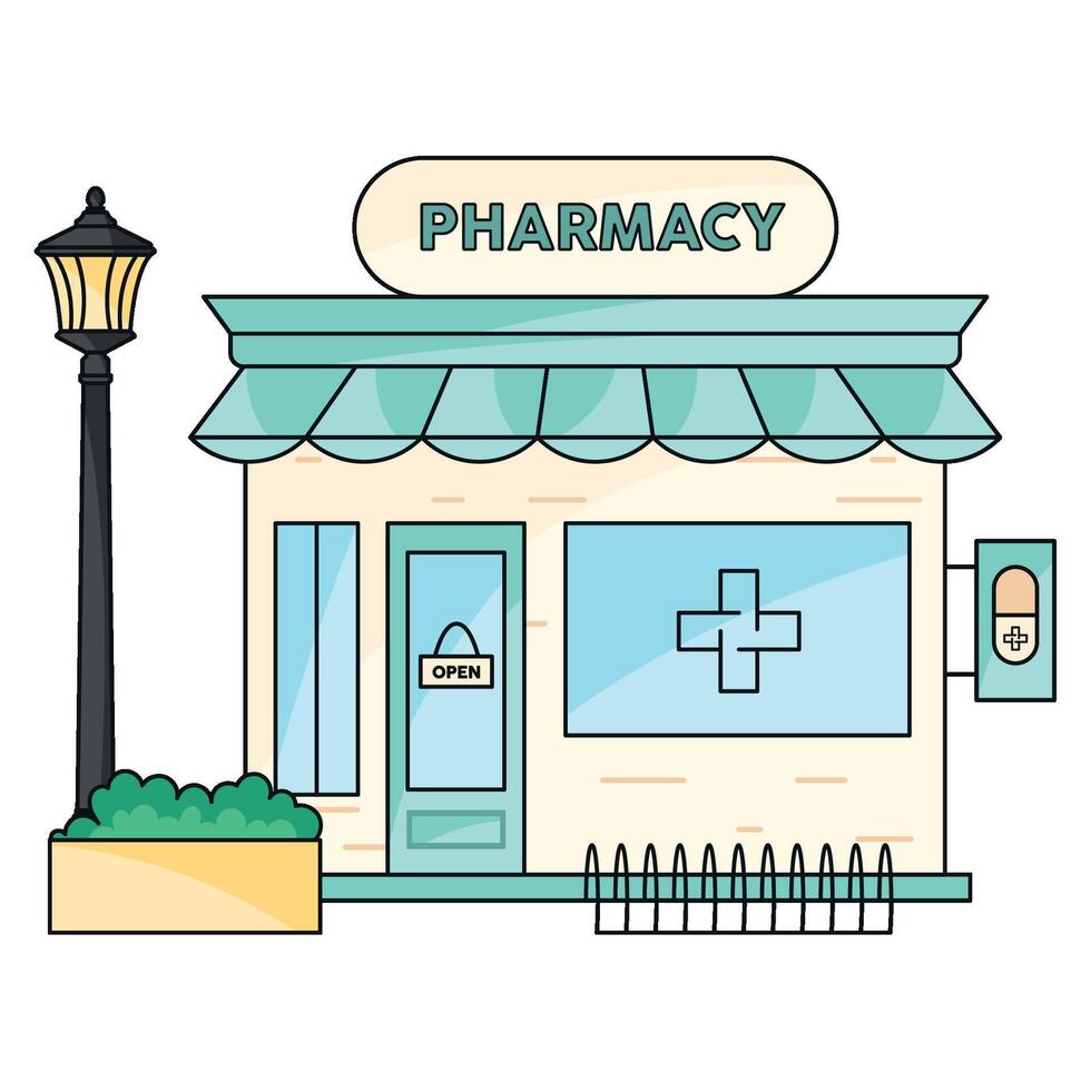 Modern pharmacy storefront with greenery, vector