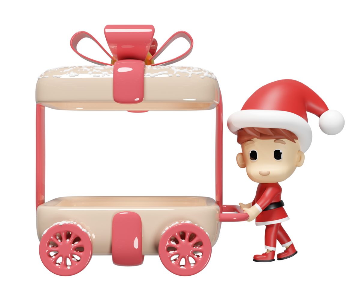 3d Santa Claus pushing open gift box on wheels isolated. merry christmas, festive new year concept, 3d render illustration png