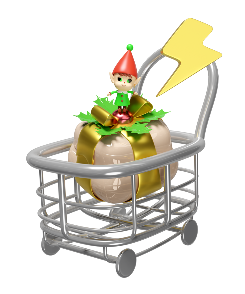 3d little elves in shopping cart with thunderbolt, gift box isolated. flash sale banner, online shopping, merry christmas, festive new year holiday concept, 3d render illustration png