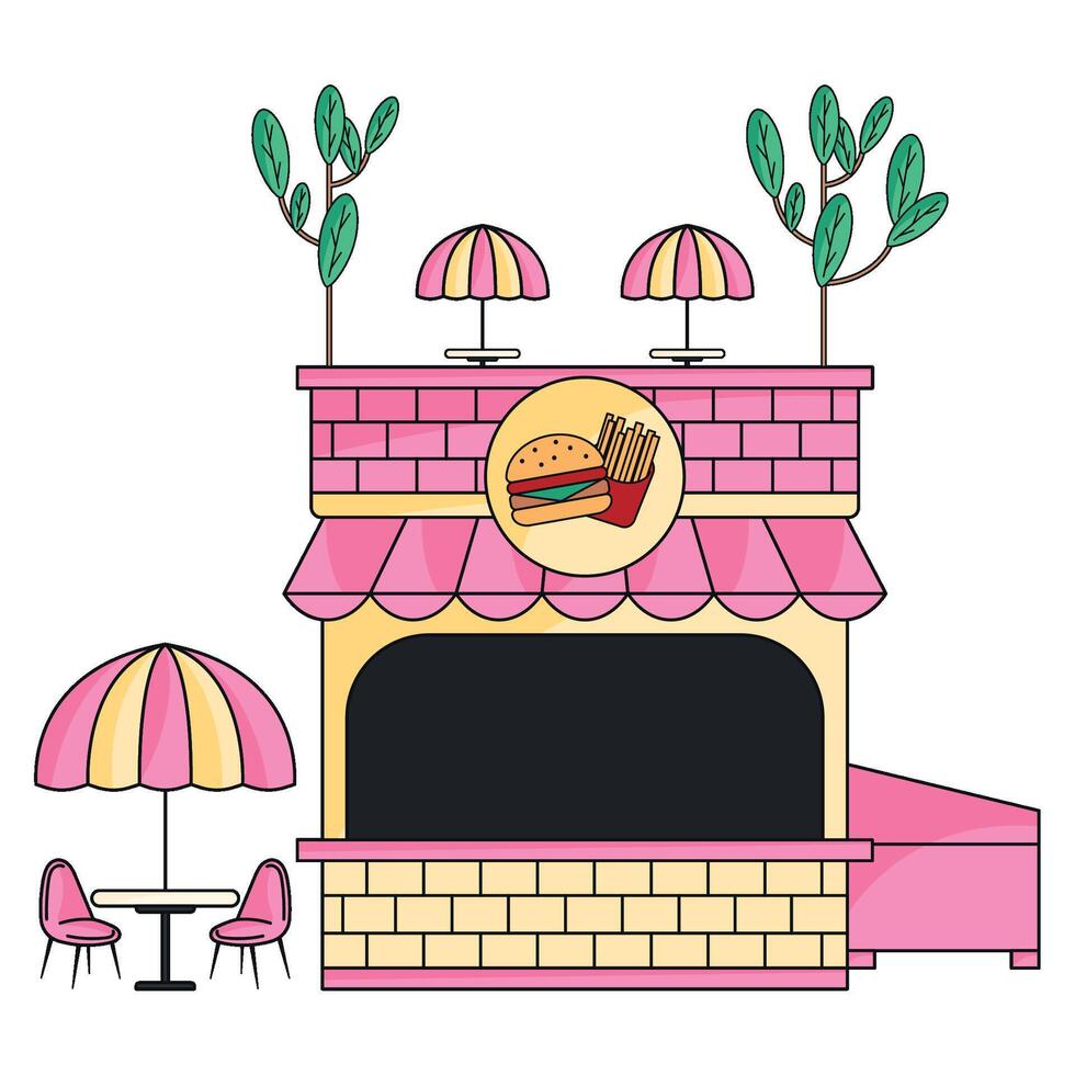 Fast food stand with outdoor umbrellas, vector