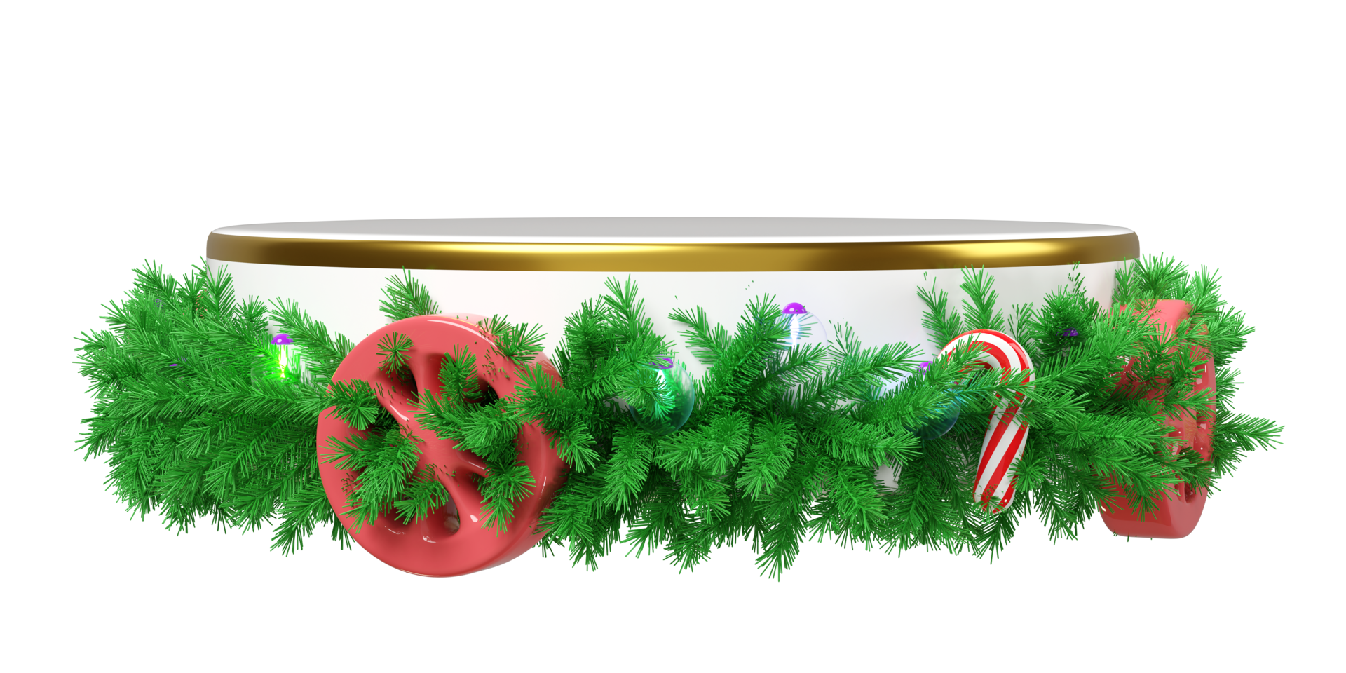 3d cylinder stage podium empty with wheels, wreath pine leaves, candy cane, lantern garlands isolated. merry christmas, festive New Year, 3d render illustration png