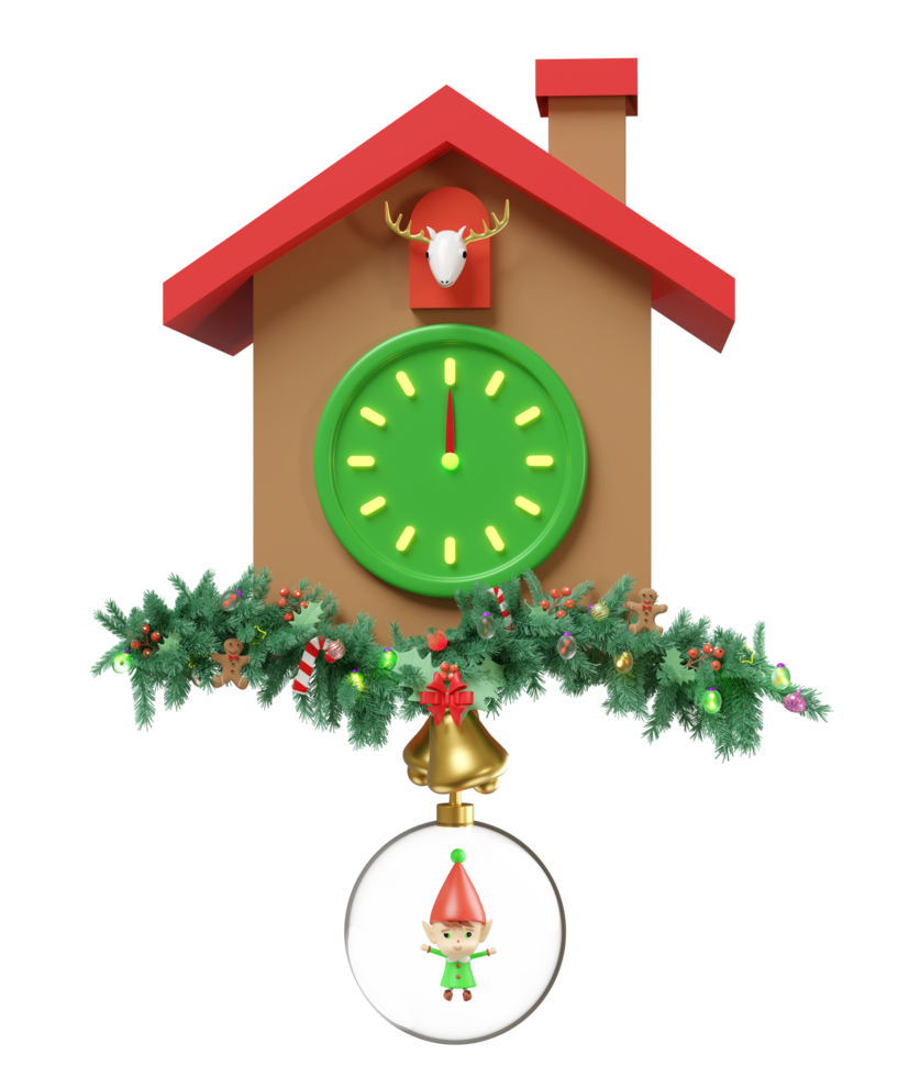 Cuckoo Clock with elves, santa claus, decorated branches of pine trees, jingle bell, coin isolated. merry christmas, festive new year concept, 3d render illustration png