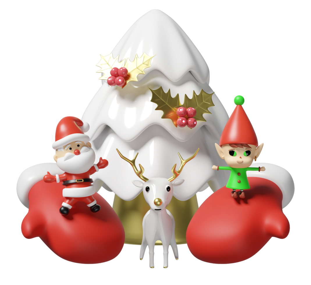 3d merry christmas, festive New Year with Santa Claus, Elf, christmas tree, reindeer, warm mittens isolated. 3d render illustration png