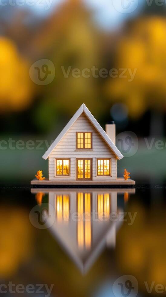 A serene miniature house model reflected on water with warm lights and autumn backdrop. photo