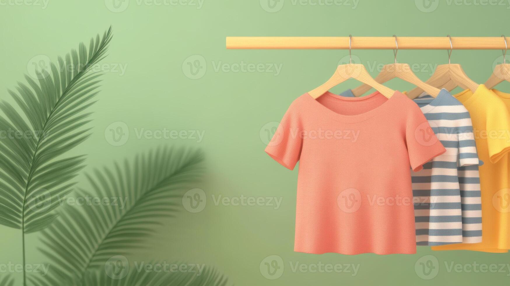 Colorful t-shirts hanging on a rack against a green wall with tropical leaves. photo