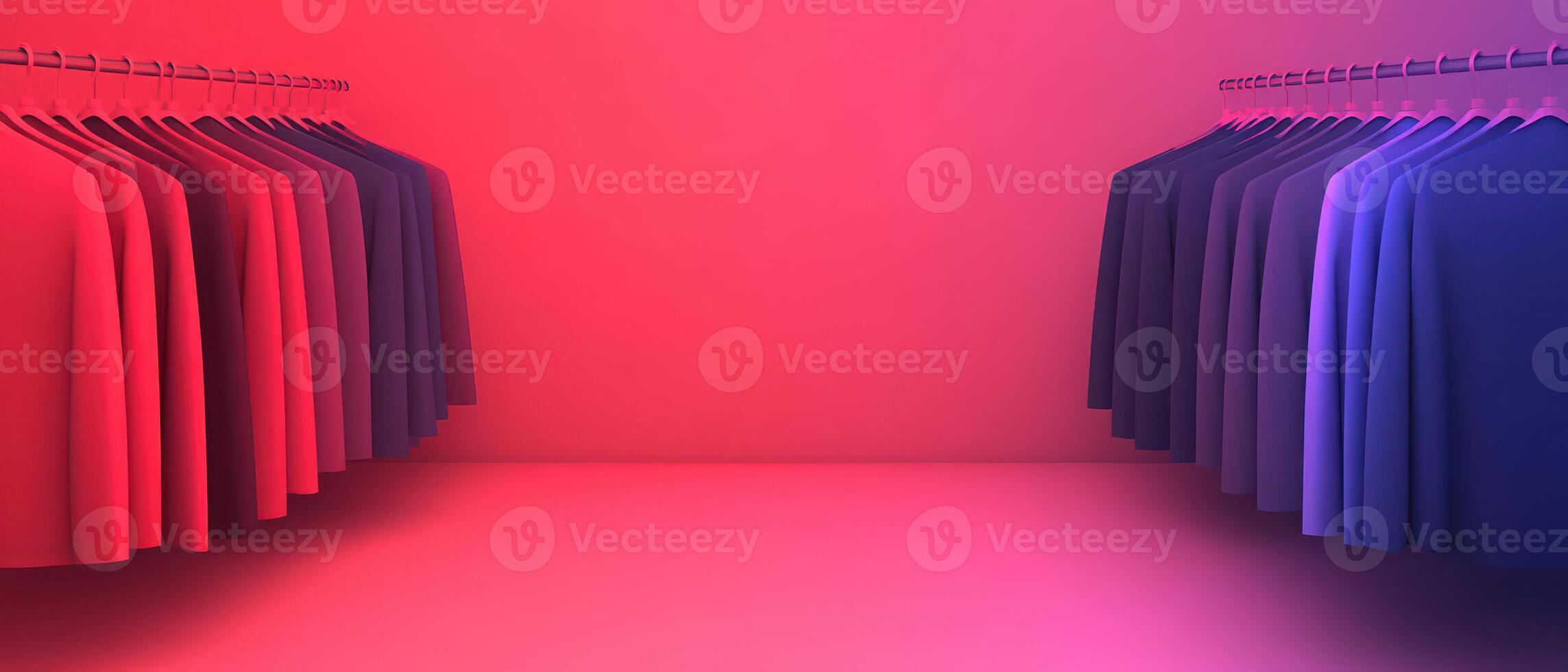 Colorful shirts hanging on display in a modern retail space with vibrant lighting. photo