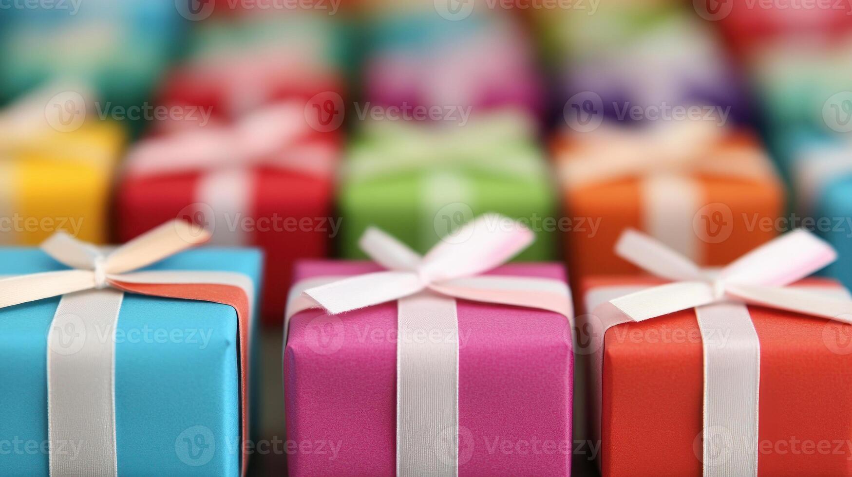 Colorful gift boxes arranged neatly on a soft-focus background. photo