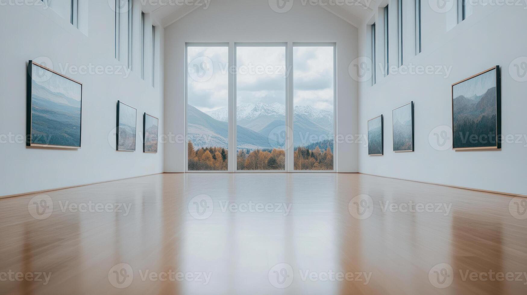 Modern gallery interior with large windows and scenic mountain views. photo