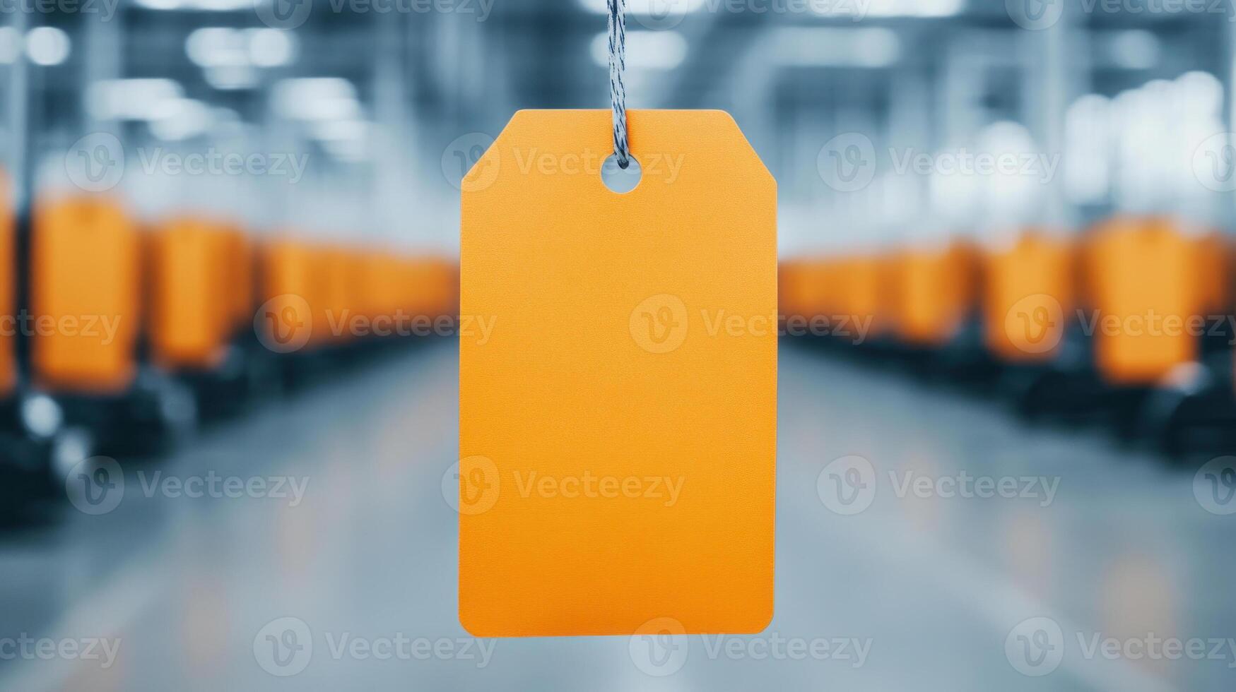 Orange label tag hanging in an industrial setting, blurred background. photo