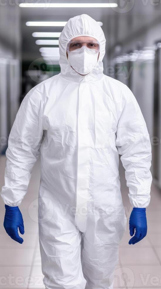Person in protective suit walking in a laboratory corridor. photo