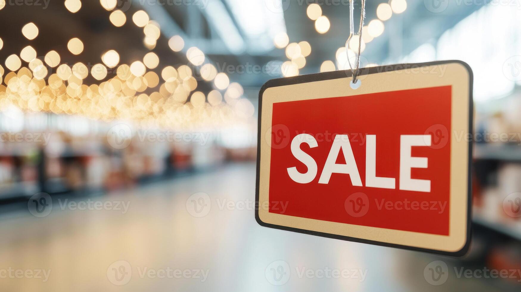 Red sale sign in blurred background of a retail store, promotional marketing concept. photo