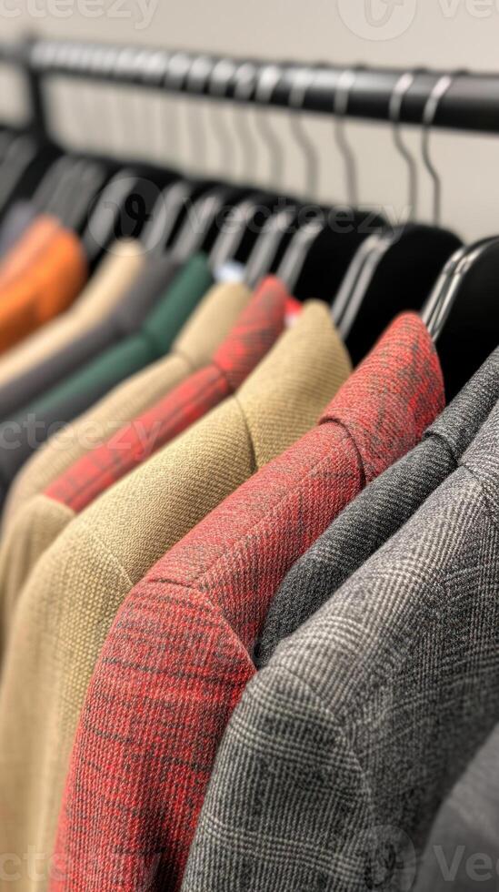 Tailored jackets on a display rack, colorful collection, white isolate background photo