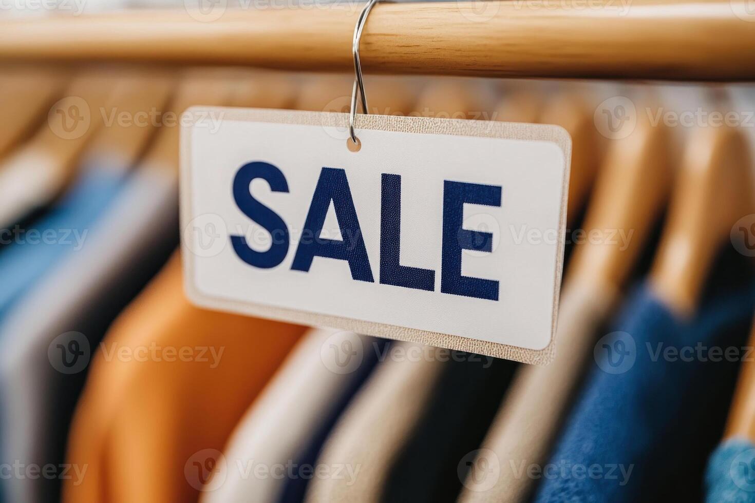 Sale sign on clothing rack, promotional discount for shoppers. photo