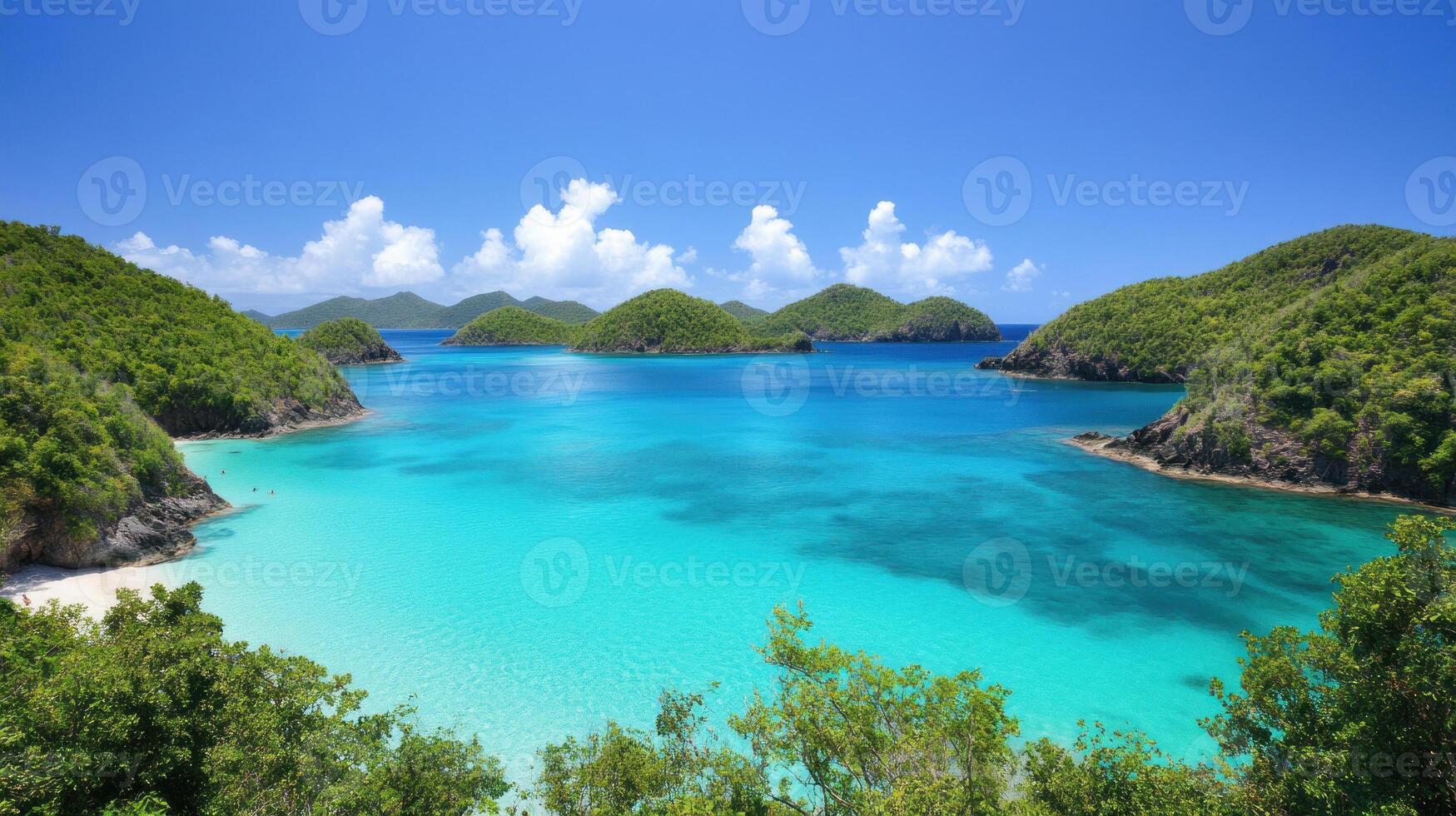 Tropical paradise with crystal clear water and lush green islands under a clear blue sky. photo