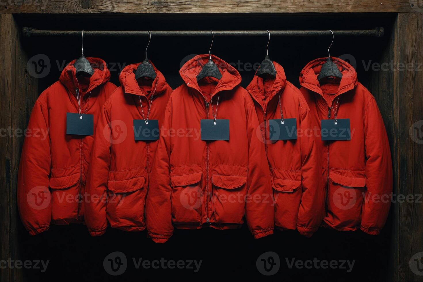 Red jackets hanging in a row, showcasing fashion and winter wear. photo
