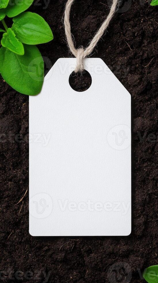 Blank tag on soil with green leaves, perfect for labeling plants or gardening. photo