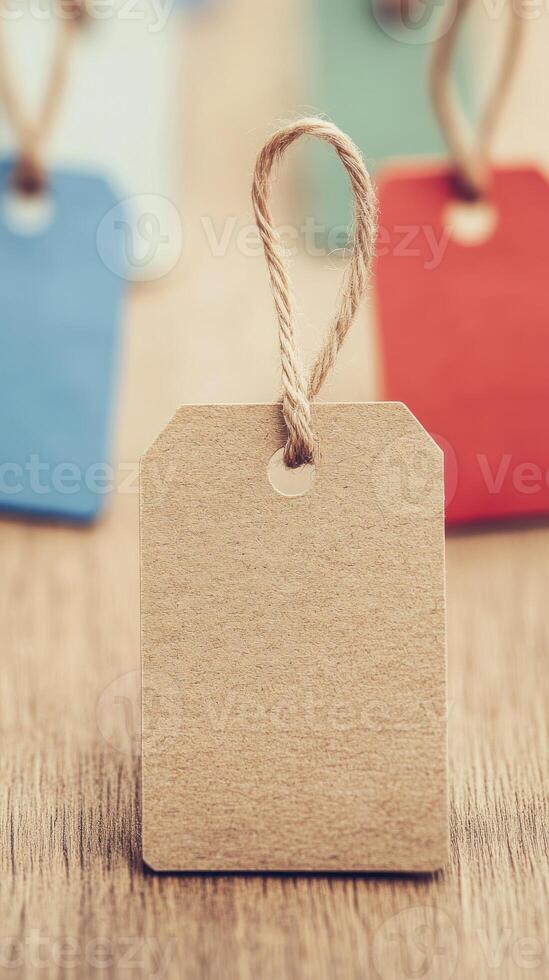 Blank brown tag with twine on wooden surface, ideal for labeling or decoration. photo