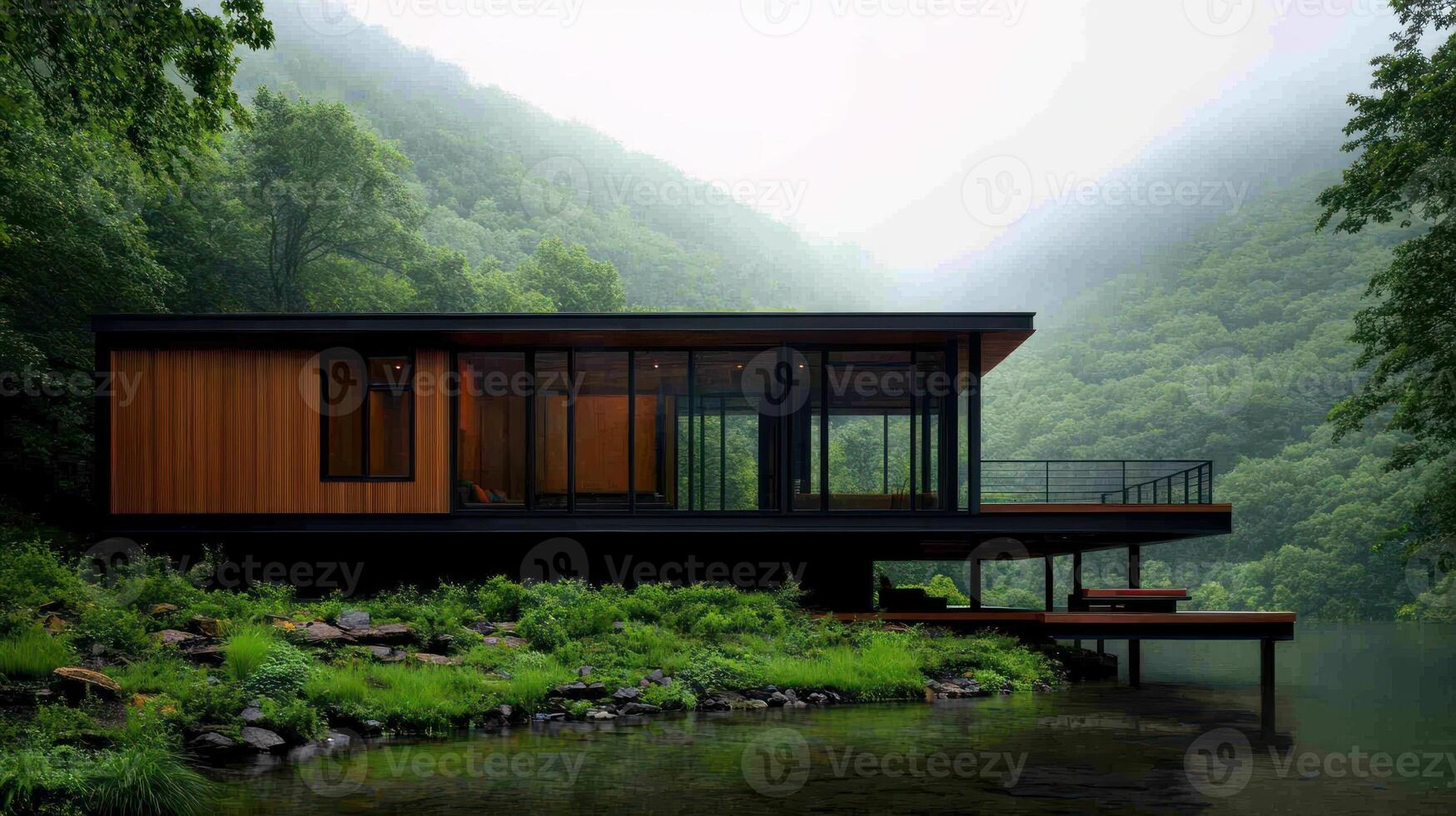 Modern house design by the river surrounded by lush greenery and misty mountains. photo