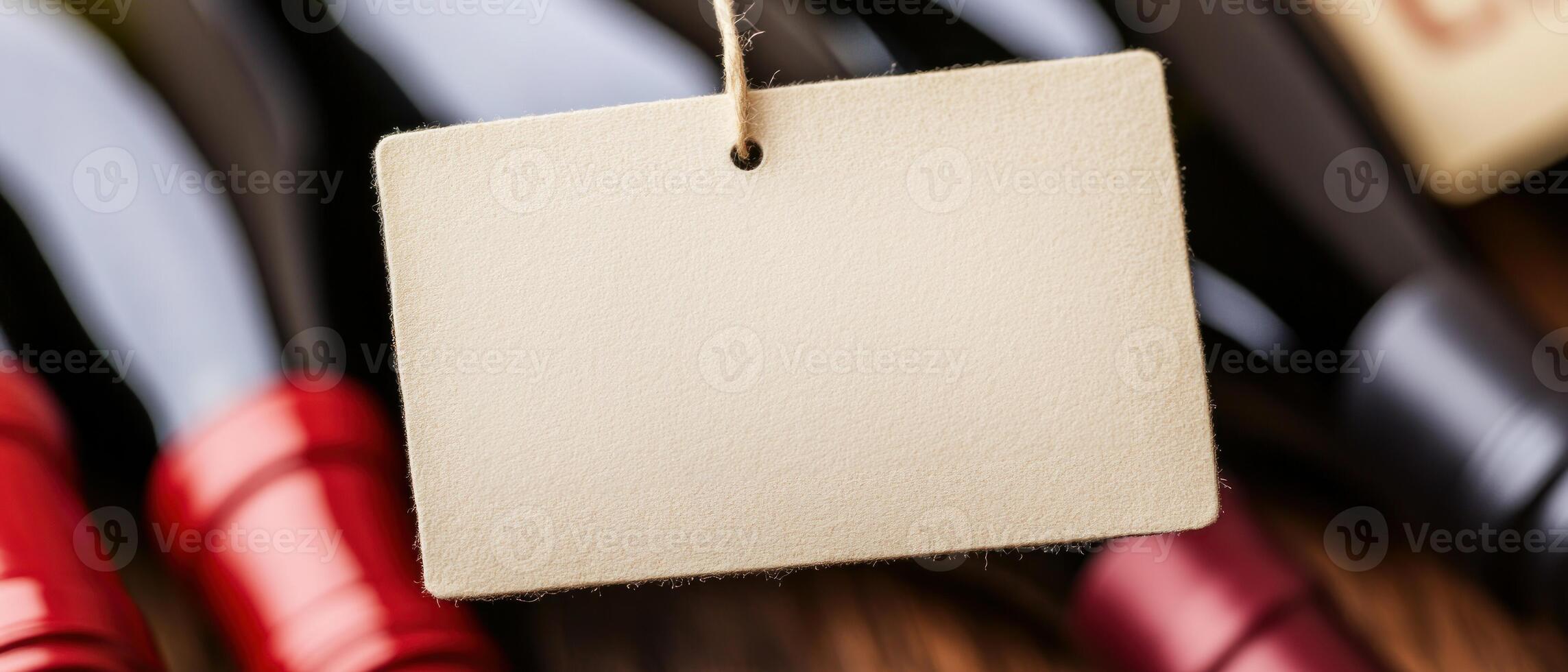 Blank tag label hanging over wine bottles on a wooden surface. photo