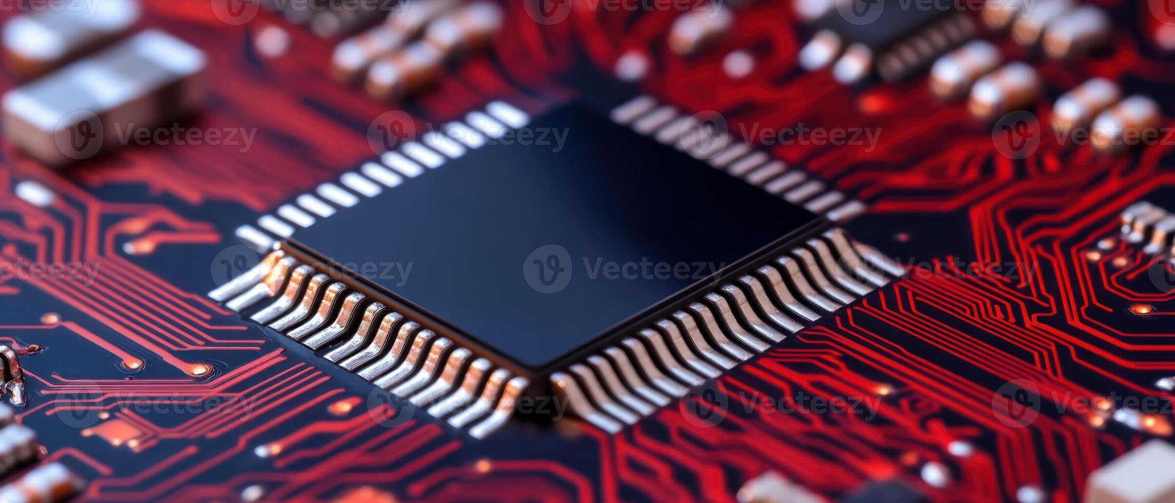 Close-up of a microchip on a red circuit board with intricate details. photo