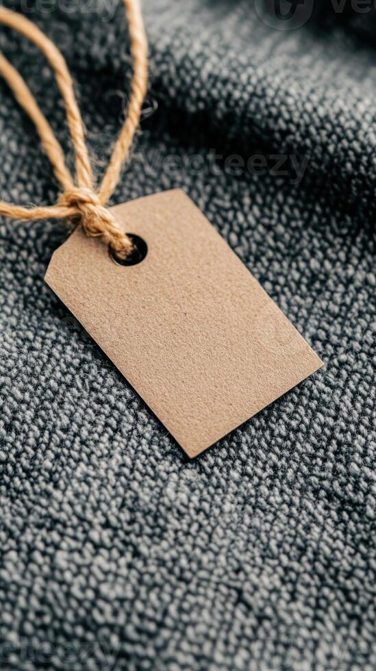 Blank brown paper tag on a textured fabric background. photo