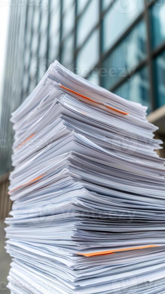 Abstract tax forms overlaying US skyscrapers, representing business tax season in America, tax documents, urban America photo