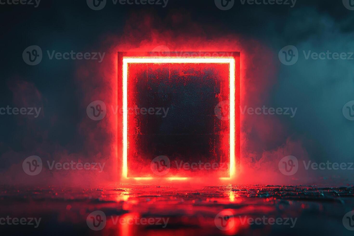 A stunning red neon frame stands against a smoky backdrop, creating a surreal atmosphere of light and shadow. photo
