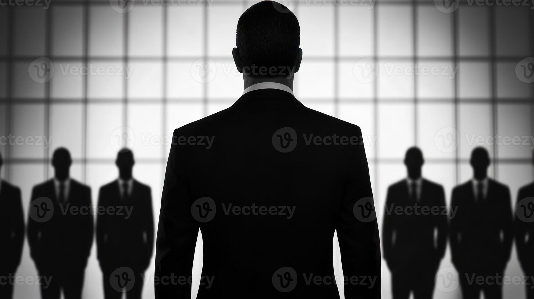 A silhouette of a businessman facing a group in a formal setting, portraying leadership. photo