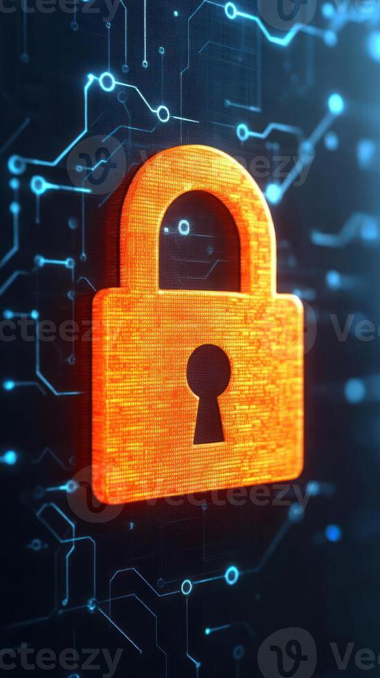 Digital lock symbolizing cybersecurity and data protection in a virtual environment. photo