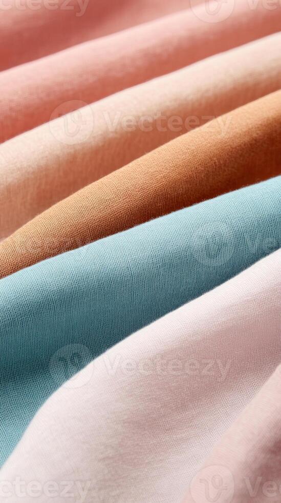 Close-up view of soft, colorful fabric folds showcasing diverse textures and shades. photo