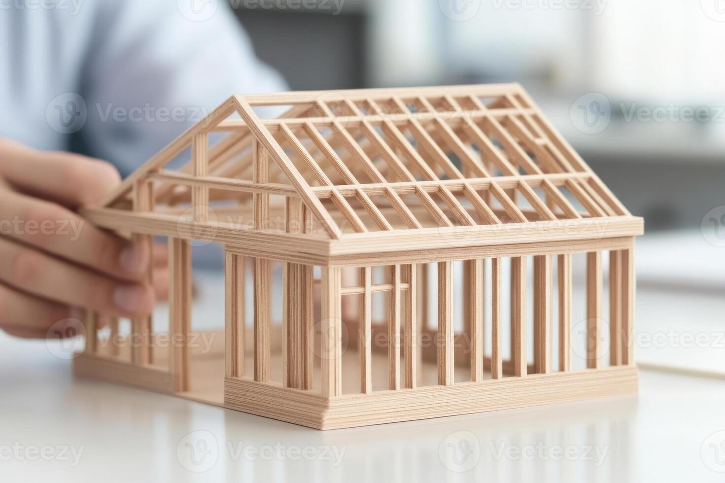 A detailed wooden model of a house under construction, showcasing architectural design. photo