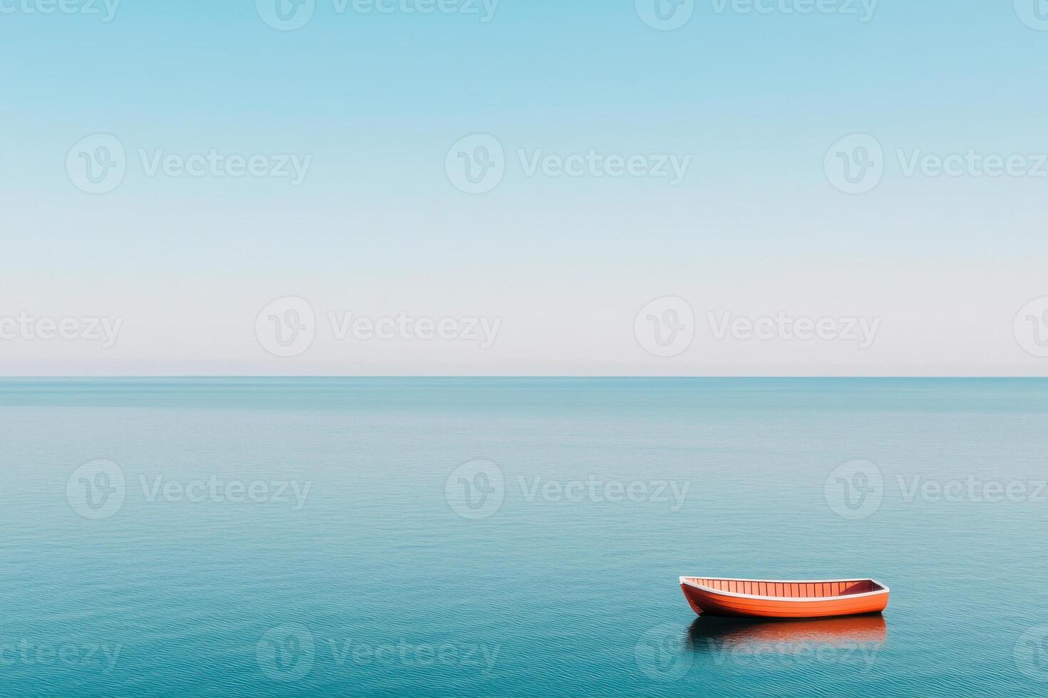 A tranquil scene featuring a solitary orange boat on calm blue waters. photo