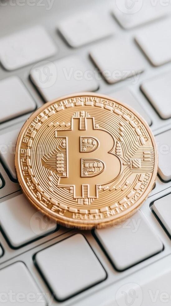 Golden Bitcoin coin resting on a laptop keyboard, symbolizing digital currency. photo