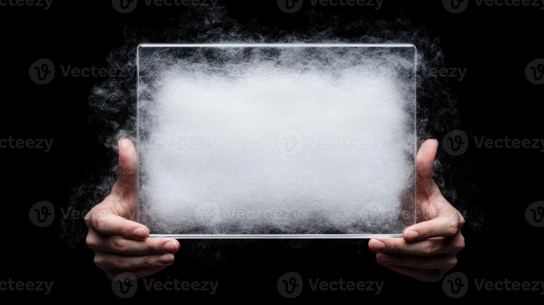 Hands holding a transparent frame filled with fog, showcasing creativity and innovation. photo