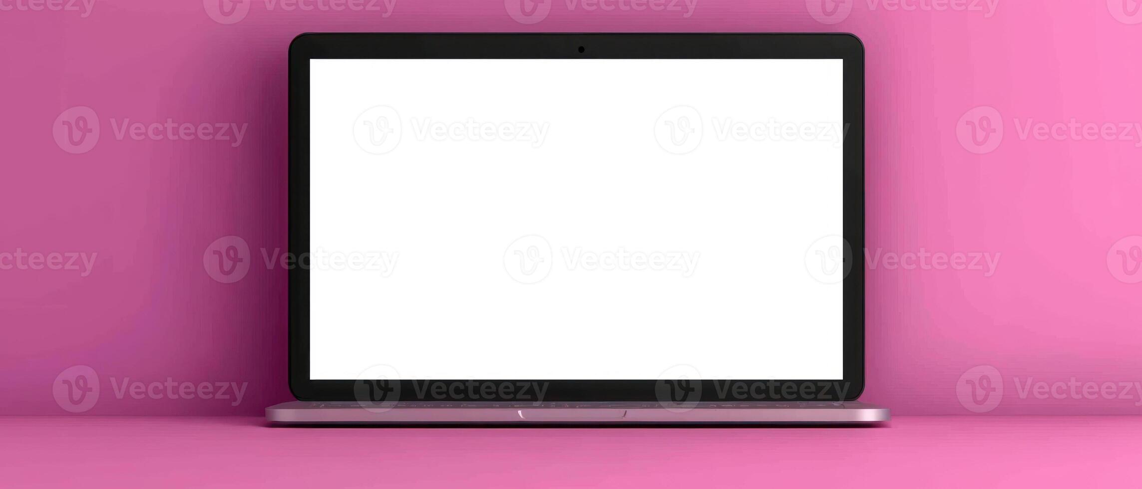 Modern laptop on pink background with blank screen ready for creative content. photo