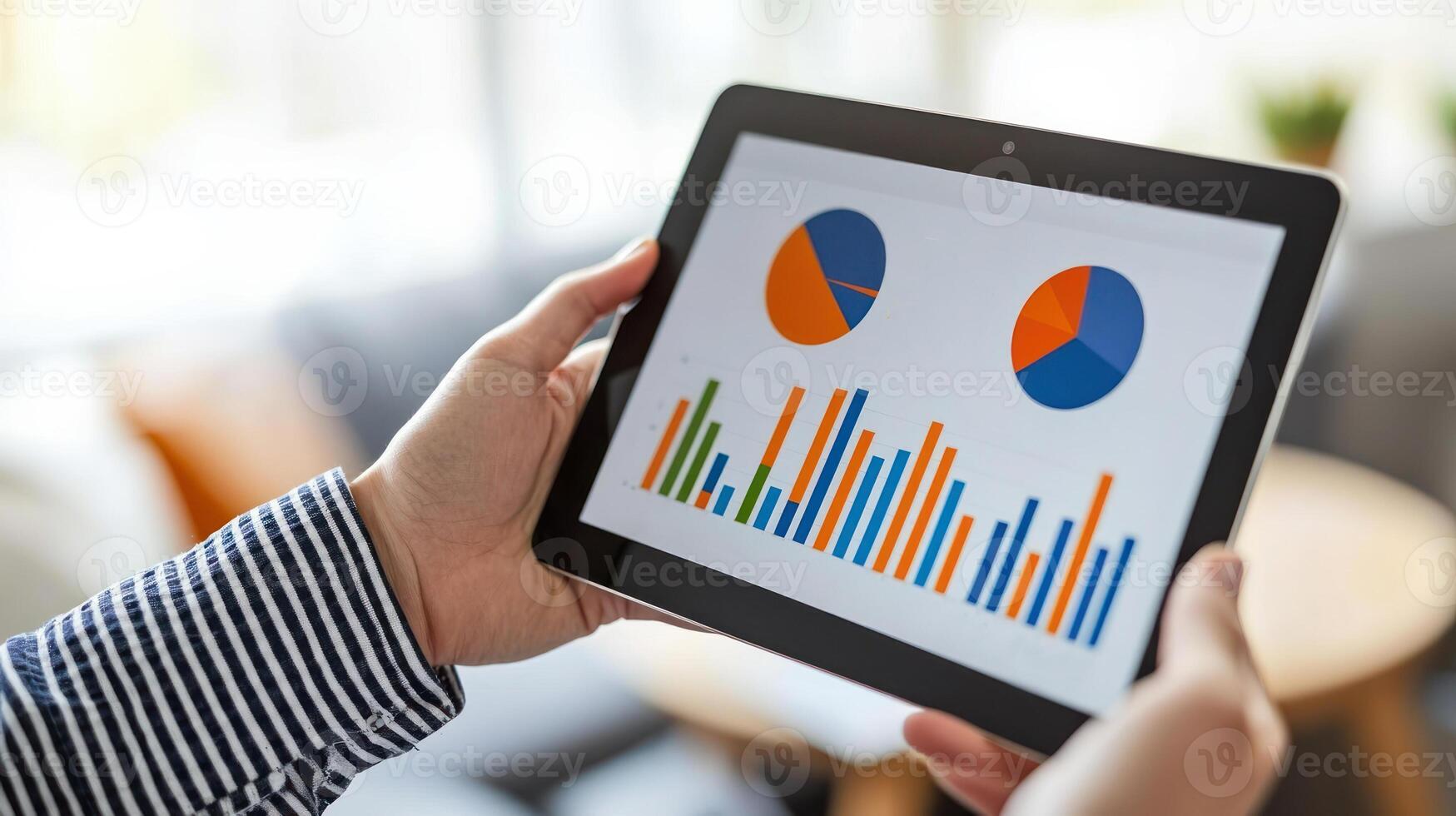 Person analyzing data on a tablet with colorful graphs in a professional setting. photo