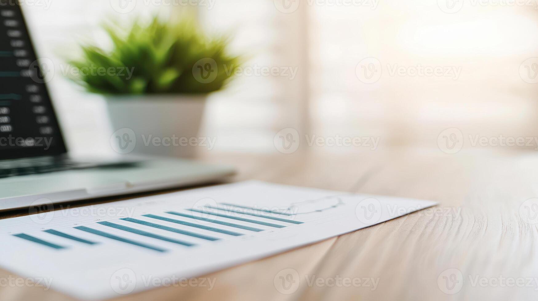 A laptop on a desk with charts and graphs, showcasing a modern workspace. photo