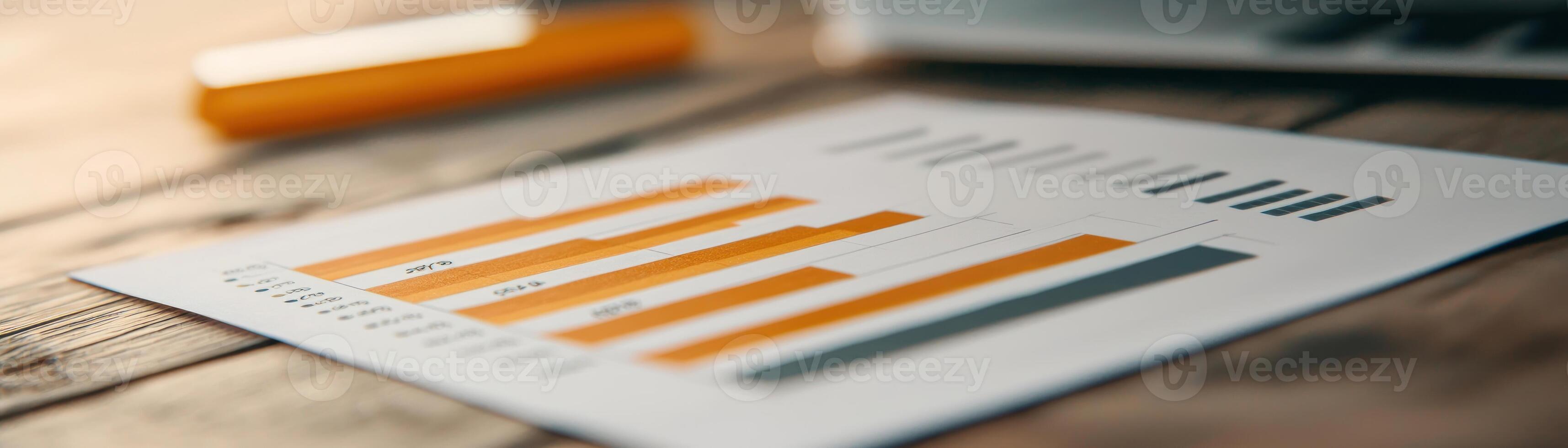 Business report with orange and gray charts on a wooden table near a laptop. photo