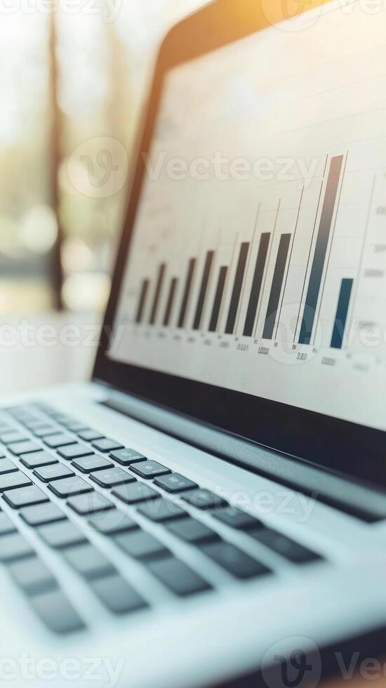 Close-up view of a laptop displaying financial growth graph and data analysis. photo