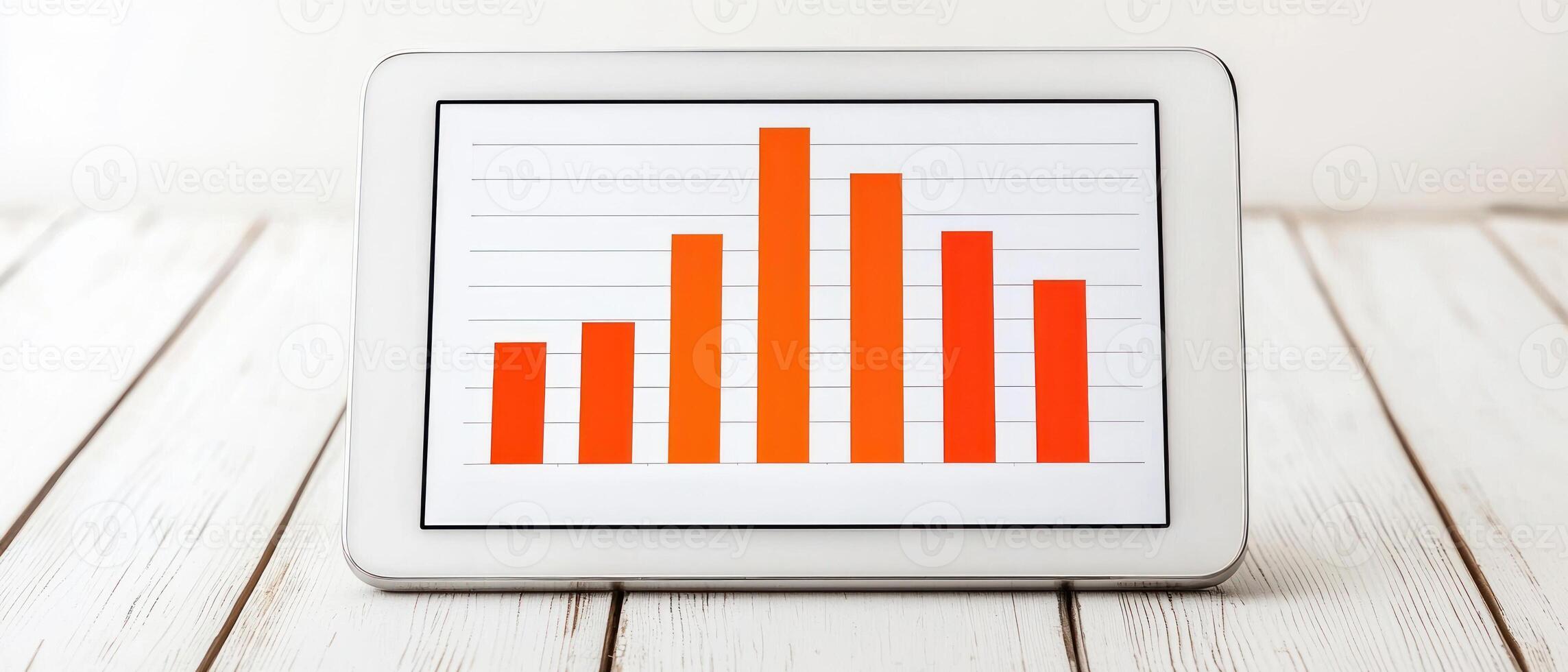 Digital tablet displaying a vibrant bar graph on a wooden surface. photo