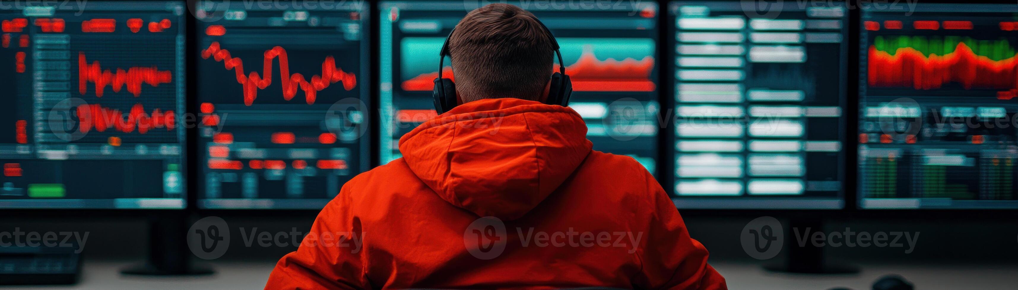 Person analyzing data trends on multiple screens in a modern tech environment. photo