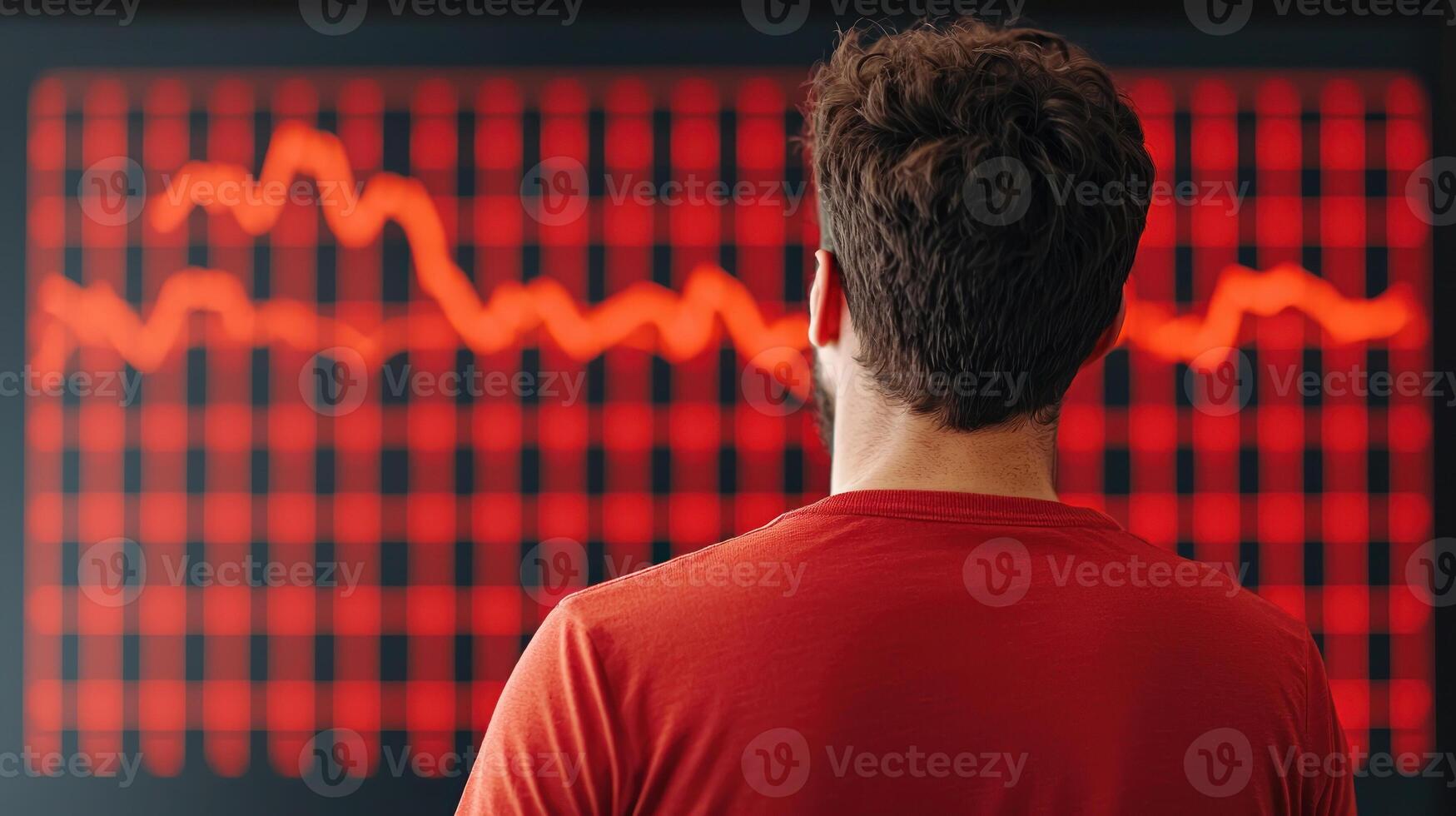 Person analyzing stock market trends on a digital display with red fluctuations. photo