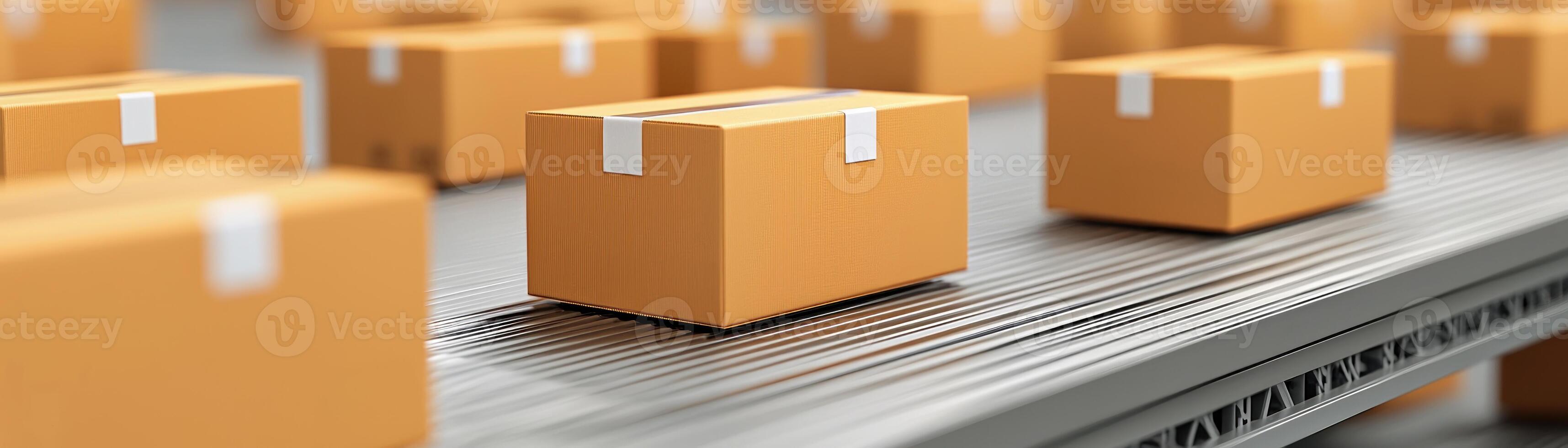 Rows of delivery boxes on a conveyor belt in a modern warehouse environment. photo
